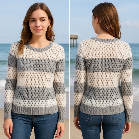 Arizona Striped Open Knit Sweater Gray & White Long Sleeve Size XL Juniors - Picture 1 of 8